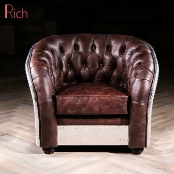Vintage Leather Button Deep Tufted Aluminum Bistro Industrial Sofa Chair