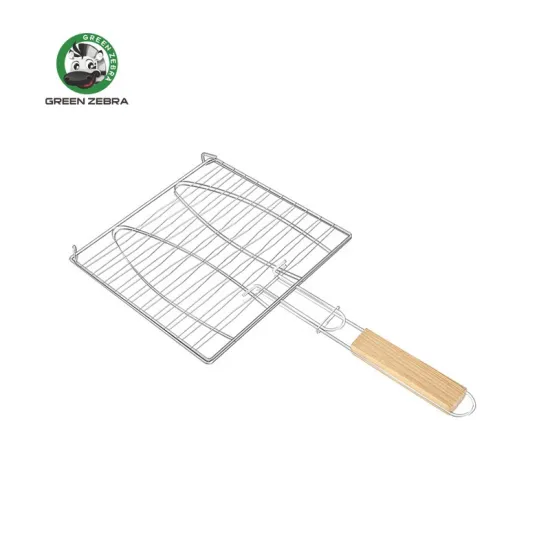 Wholesale Stainless Steel BBQ Grill Grates with Wire Mesh and Wooden Handle: Double Fish Basket Net Clip Barbecue Grill