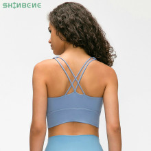 SHINBENE Naked-feel Fabric Double Straps Athletic Sport Bras Top Women Push Up Padded Gym Yoga Fitness Crop Tops Brassiere