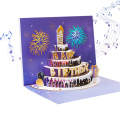Tarjeta emergente de pastel de cumpleaños brillante con luces y música