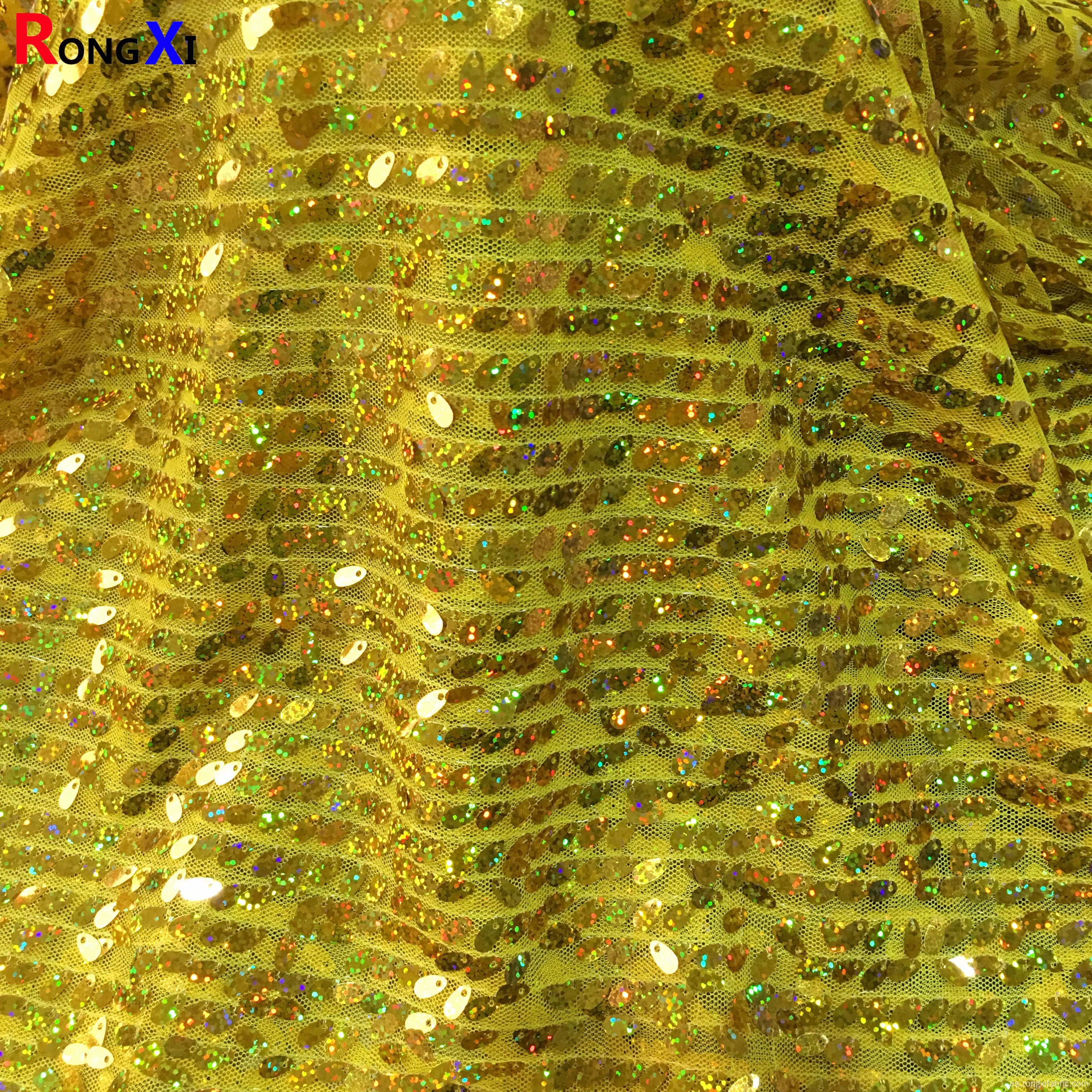 Venta caliente Champagne Gold bordado de tela de encaje de lentejuelas