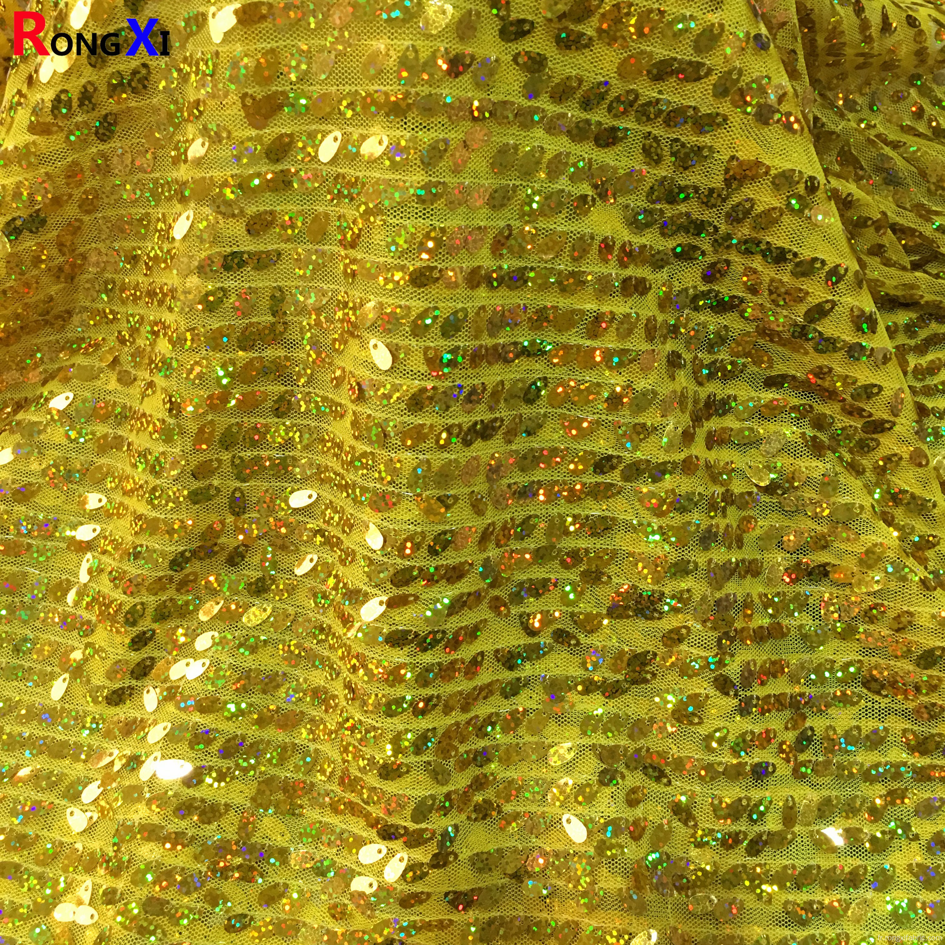 Tissu de dentelle de paillettes de broderie d&#39;or de champagne de vente chaude