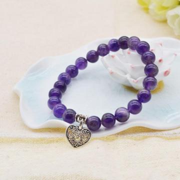 Natural Amethyst Chakra Gemstone 8MM Round Beads Charms Bracelet with Heart Alloy