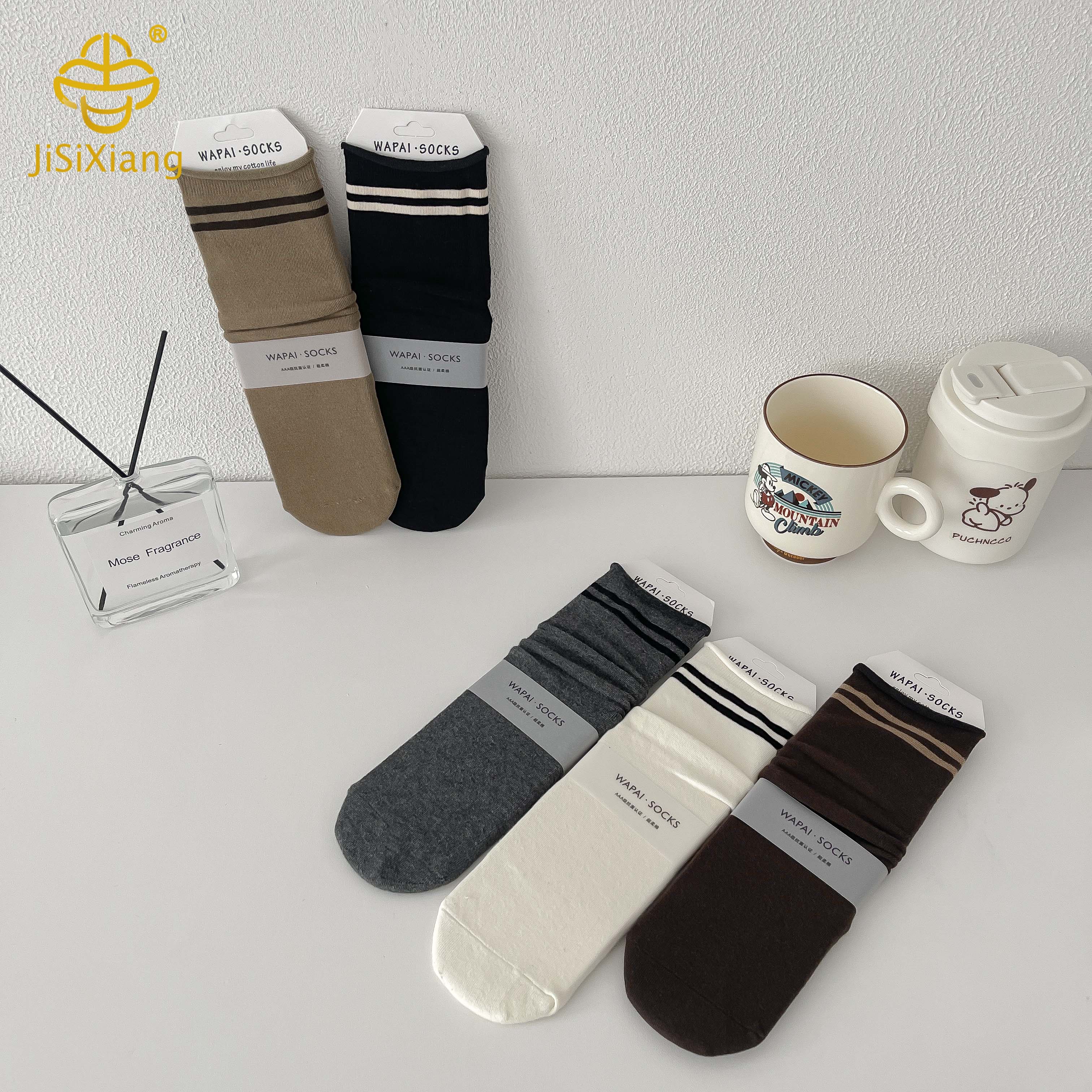 Korean striped mid tube socks with rolled edges, athletic socks