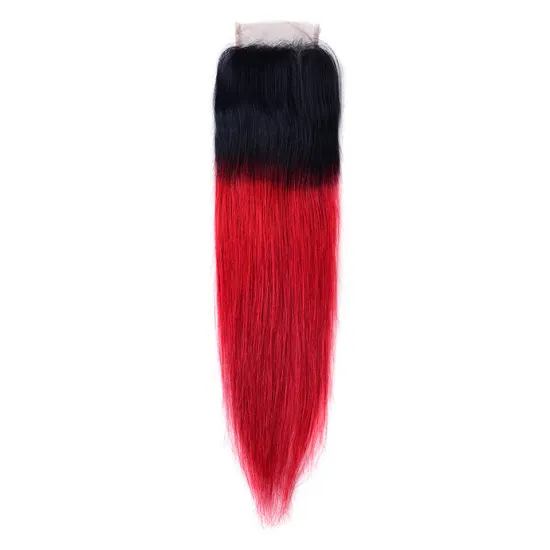 Ombre Red Human Hair HD Lace Closures Pre colored Two Tone Non-Remy Hair 1B/Red Brazilian Straight 4x4 Closures with Baby Hair
