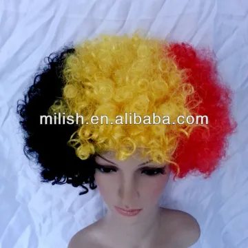 black yellow red Belgium Belgian flag football fans afro wig FBW-0175