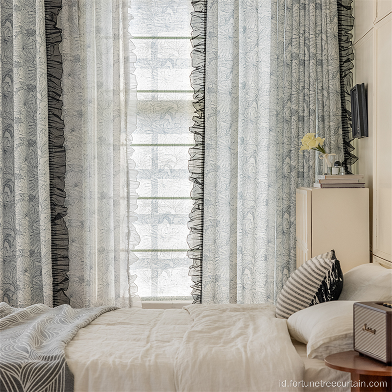 Blackout Shading Cotton Linen Printed Window Curtain Sheer