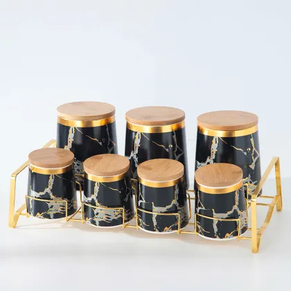 Wholesale Golden Marble Ceramic Storage Jar with Bamboo Lid