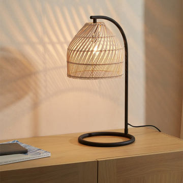Modern Minimalist Black Rattan Wood Bamboo Nightstand Lamp for Bedroom