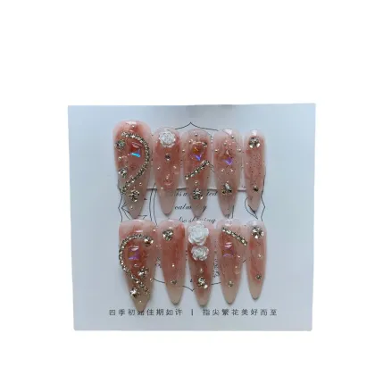 Rhinestone Flower Long False Nails - Press on Manicure Wear