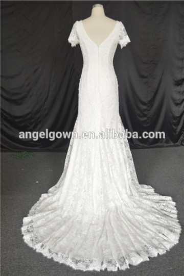 Brilliant V-neck wedding dress short sleeves satin wedding dress of long tail