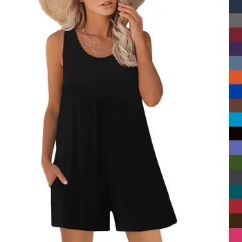 Women's Casual Rompers: Sleeveless, Tank Top, Wide Leg Shorts with Pockets and Crewneck Design