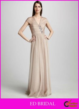 A-Line/Princess V Neck Floor Length Cap Sleeves Evening Dress Ruched Bodice Floral Jewel Gathered Skirt