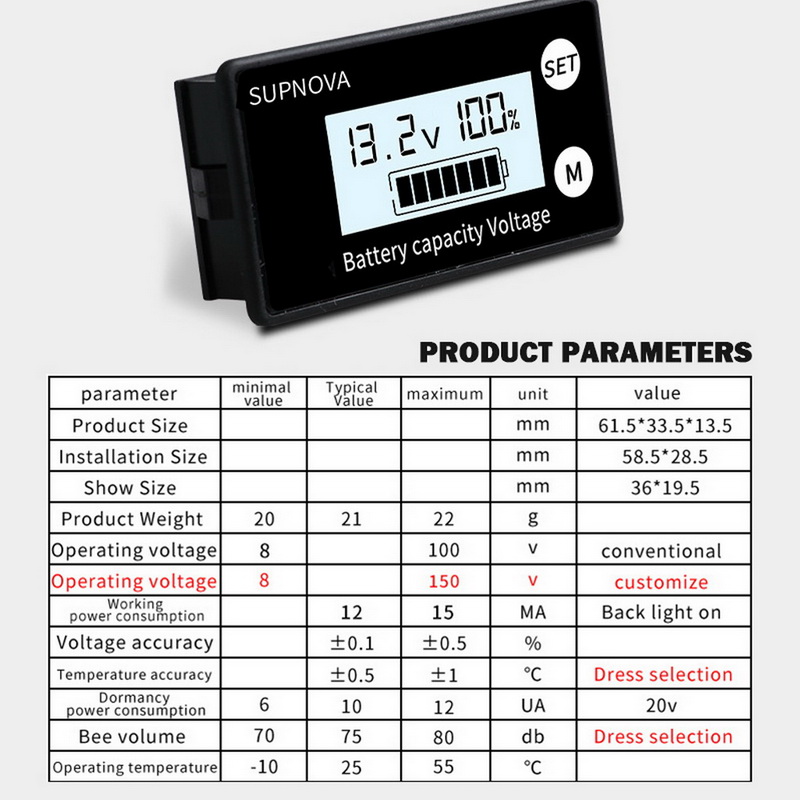 LCD Battery Capacity Monitor Indicator Voltage Meter Lead Acid Lithium LiFePO4 Car Motorcycle Voltmeter Voltage Gauge DC 8V-100V