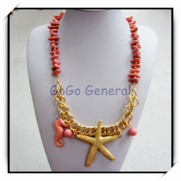 Starfish Seahorse Pendant Pink Natural Stone Bead Necklace
