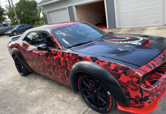 Bape Ape Design Digital Vinyl Car Wrap Red And Black Camoflage ADT Tech 1