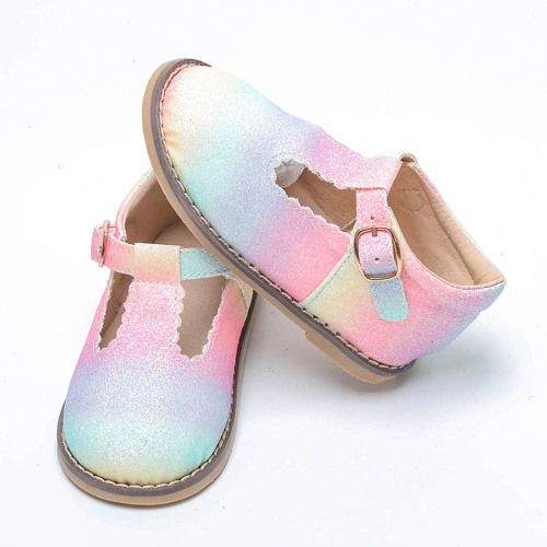 Scarpe con barra a T per bambina in pelle arcobaleno