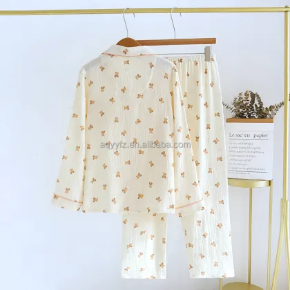 Cartoon Printed Cotton Gauze Pajamas Set for Women - Autumn Long-Sleeved Sleepwear
