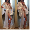 Women Sexy Feathers Collar Perspective Long Lingerie Robe