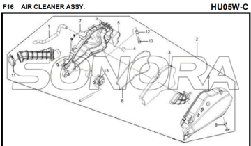 F16 AIR CLEANER ASSY para HU05W-C MIO 50 Peças sobressalentes de alta qualidade