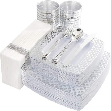 175PCS Silver Square Plates & Tableware Set for Party Decoration