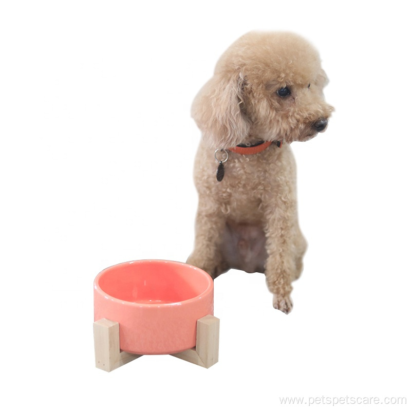 pink wooden frame ceramic pet dog round bowl