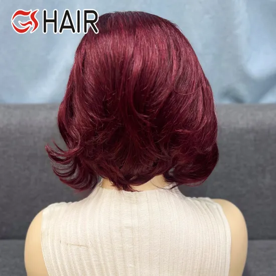 GS Straight Bob 13x4 Burgundy Frontal Wig - Human Hair Brazilian Remy Pixie Cut Lace Wig for Women