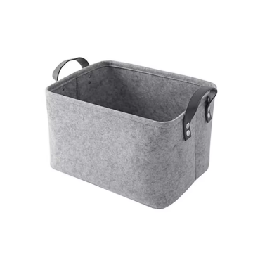Foldable Portable Storage Basket with PU Leather Handles - Gray Felt Cloth for Clothes and Toys