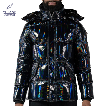 Holographic Black Down Man Jacket with Rainbow Reflective Puffer and Pleated Fabric for Winter
