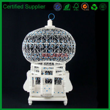 antique art deco white blue metal wire ornamental wood footed hanging bird cage wire mesh(M-10930)