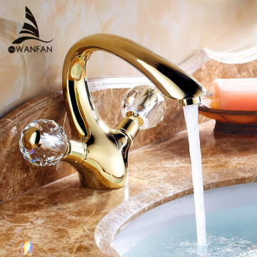 Basin Faucets Gold Brass Crystal Handle Bathroom Faucet Tap Toilet Mixer Water Tap Deck Mounted Basin Sink Crane Taps HJ-6651K