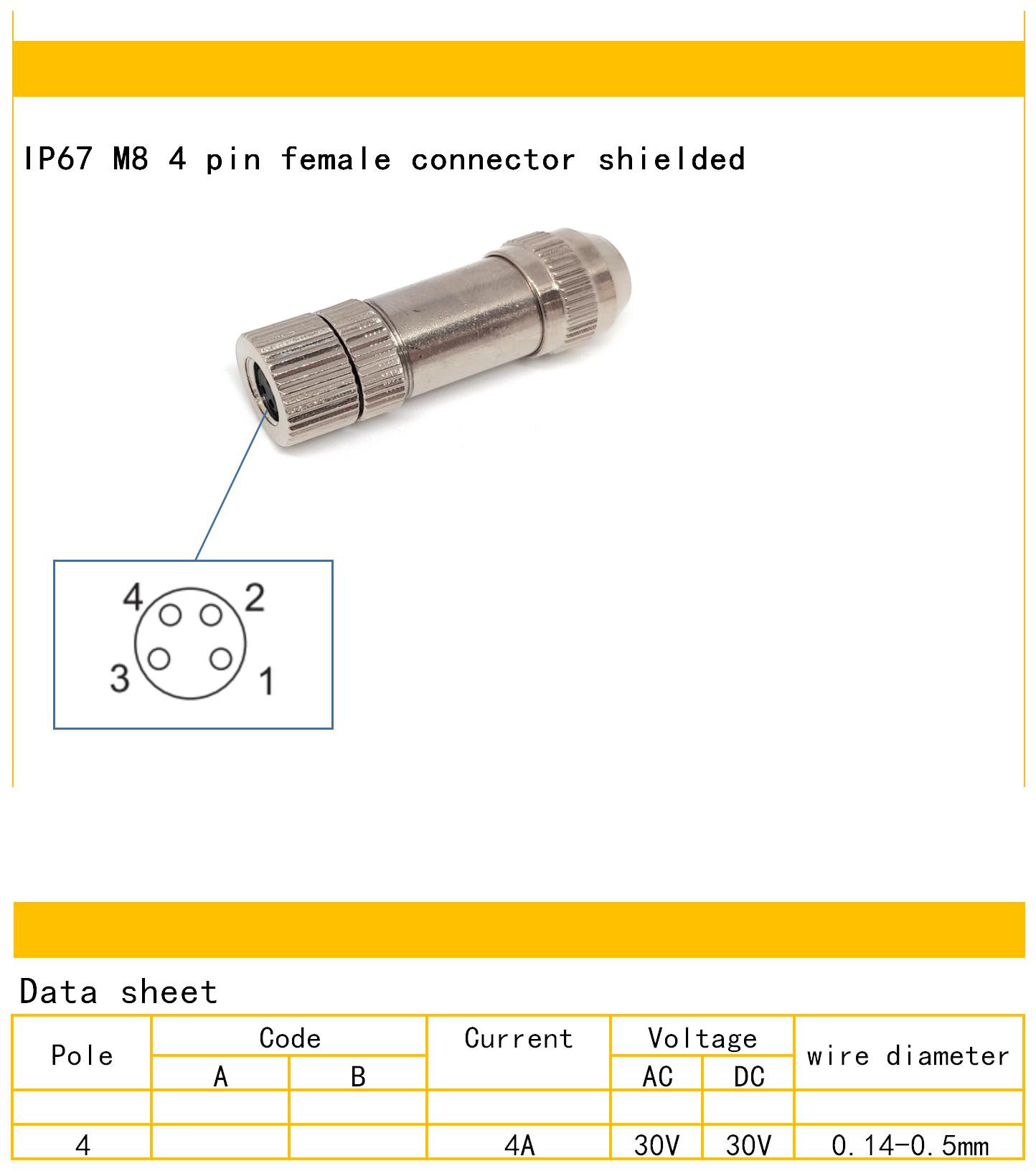 M8 4 pin female connector shielded specification M8 4 pin female connector shielded specification