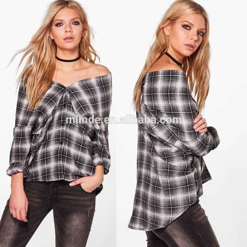 100% Cotton Checked Off The Shoulder Blouse Top Ladies Check Shirts Designs For Latest Sexy Women