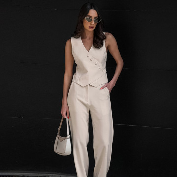 Officina di lino femminile abito a due pezzi: blazer e pantaloni a gamba per estate