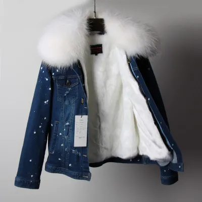 OEM ODM Women Denim coat Faux fur thick lining coat raccoon fur Big collar bomber jacket