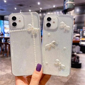 3D Pearl Glitter Transparent Phone Cases for iPhone 16/15/14/13/12/11 Pro Max 8/7/6 Plus XR XS - Shockproof Bumper Soft Silicone Cover