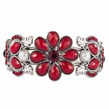 Floral Siam Resin Spring Bangle with Garnet Rhinestones and Cream Pearl, Winter/Summer Hot Styles