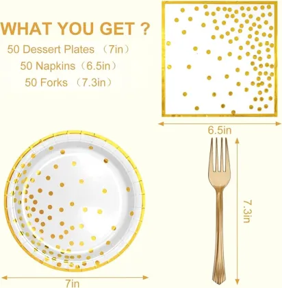 White Gold Paper Tableware Set - Dessert Plates, Napkins and Plastic Forks