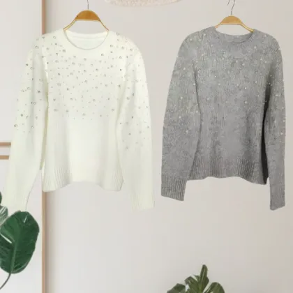 Soft White and Off-White Beaded Embroidery Sweater