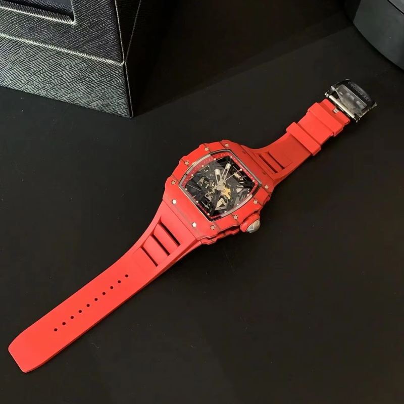 Men's Luxury Skeleton Watch with 42mm Red Carbon Fiber Tonneau-Shaped Case