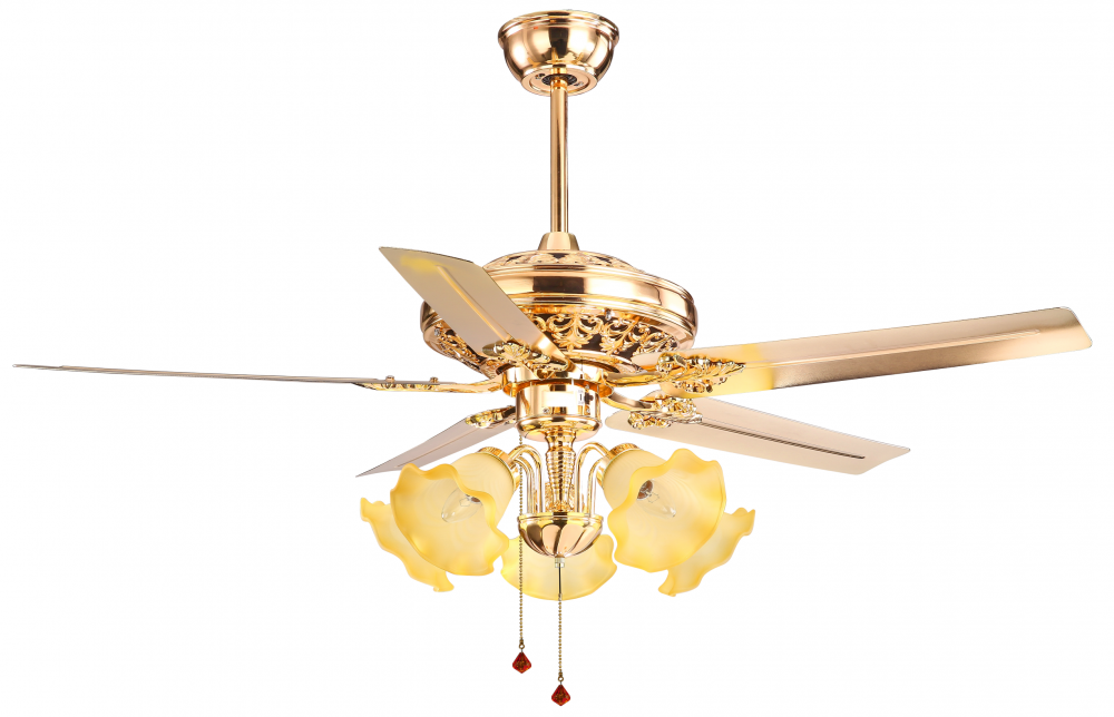 Ventilador de teto decorativo dourado com luz de 5 lâminas