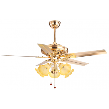 Ventilador de teto decorativo dourado com luz de 5 lâminas