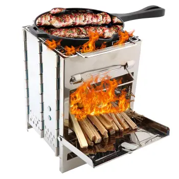 Portable Folding Mini BBQ Grill - Wood Burning Camp Stove Stainless Steel Backpacking Stove