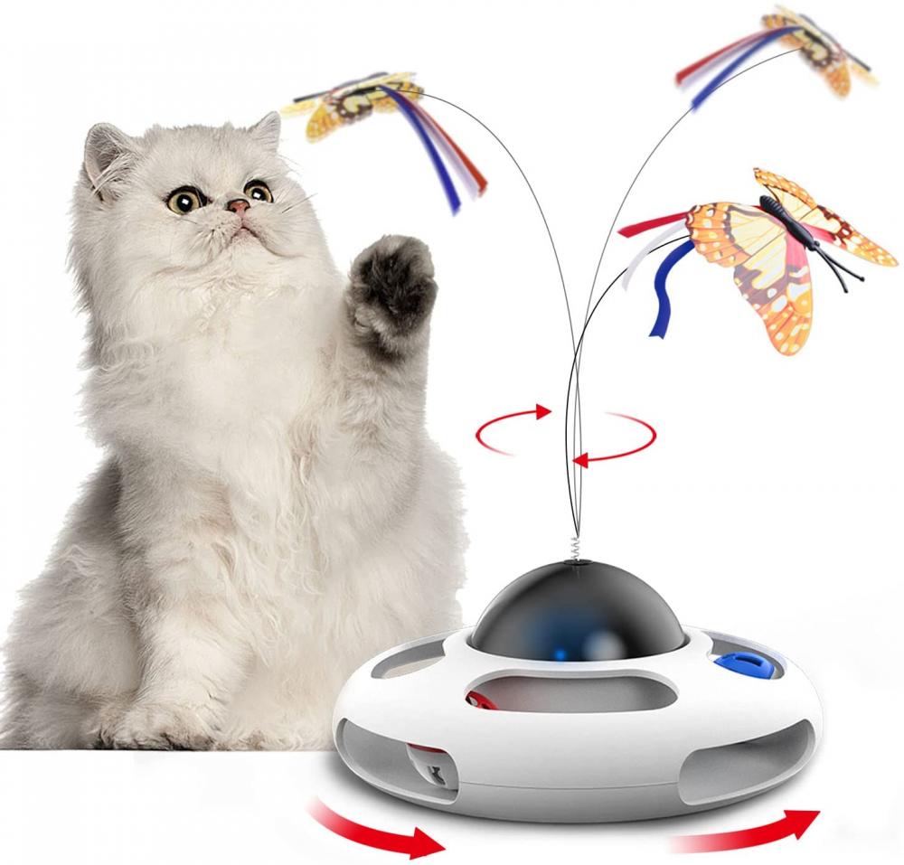 Automatic Electronic Rotating Butterfly Kitten Cat Toys with Roller 2 Tracks Ball