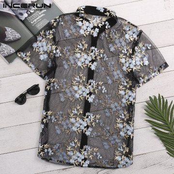 INCERUN Fashion Men's Shirt Short Sleeve Flower Embroidered Mesh Sexy Shirt Men See Through Slim Transparent Lace Shirt Tops