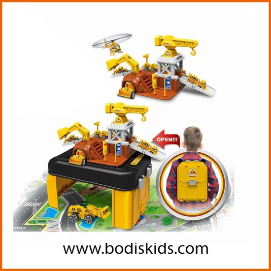 Alloy engineering backpack portable map parking lot set (equipped with 1 alloy aircraft, 1 alloy car, 1 road sign and 1 handbag)