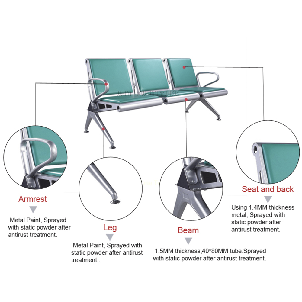 كرسي الفولاذ المقاوم للصدأ لكراسي انتظار منطقة المستشفى