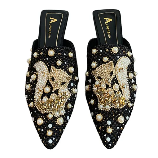2024 Summer Luxury Rhinestone Closed-Toe Pointed Muller Slippers for Women