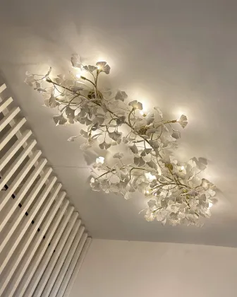 Luxurious Ceramic Ginkgo Leaf Staircase Villa Hotel Flush Mount Ceiling Light