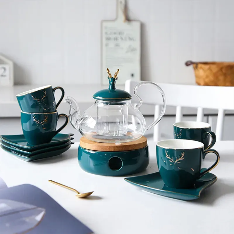 Luxury Nordic Tea Set with Elk Candle and Heated Glass Pot
